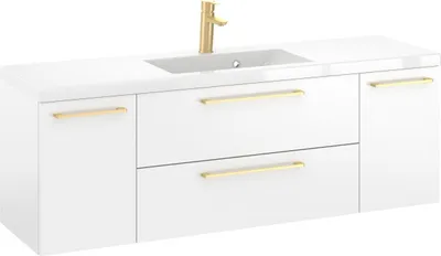 Produktbild von Rosen 140 cm Badezimmerschrank in Weiß Hochglanz mit Waschbecken und Griffen in Edelstahl gebürstet - Zeitloses Design