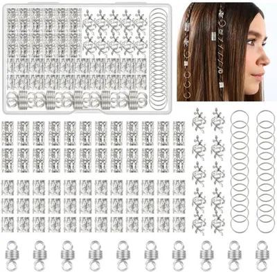 Produktbild von Haaraccessoires-Set mit 100 silbernen Haarzieren und Spiralen