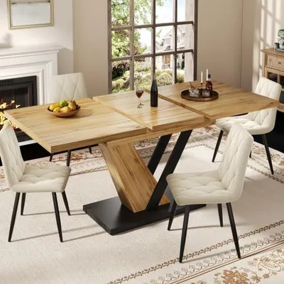 Produktbild von Esstisch ausziehbar 120-160 cm, Stabiler Teleskoptisch für 4-6 Personen, Holztisch mit Metallbeinen für Küche & Esszimmer, Holzmaserung, 120x75x75,5 cm