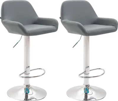 Two gray bar stools with chrome bases are displayed against a white background.