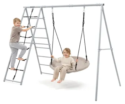 Zdjęcie produktu dla Ogrodowy plac zabaw XL 3w1 z bocianim gniazdem, drabinką i siatką wspinaczkową HyperMotion