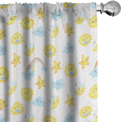 Produktbild von ABAKUHAUS Mond Vorhänge, Gardinen, Glücklich lächelnd Mond und Sterne Guten Morgen und Nacht Regenbogen Lustige Wolken, 2 Stück 75 x 245 cm, Baby Blue Gelb Pink