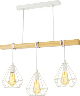 Produktbild von 3-flammige Pendelleuchte – Holz und Metall mit weißen Käfigschirmen – Nordischer Retro-Stil – E27-Fassung