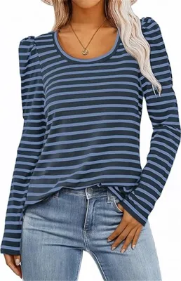 Produktbild von ASKSA Damen T-Shirt Rundhals Langarmshirt Puffaermel Gestreiftes Basic Leicht Laessig Bottoming Bluse Elegant Oberteile (Blau,XL)