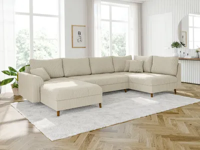 Produktbild von S-STYLE MÖBEL - Kai - Wohnlandschaft mit Braun Holzfüßen im skandinavischen Stil aus Beige Cord-Stoff, Ottomane links