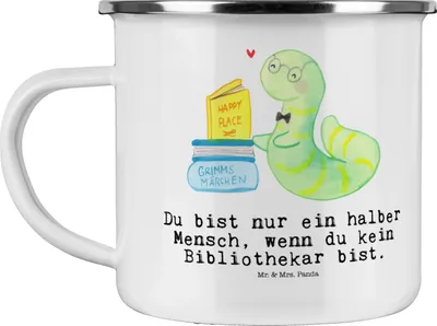 Produktbild von Mr. & Mrs. Panda Teetasse Bibliothekar Herz - Weiß - Geschenk, Pott, Emaille Tasse, Bibliothek, Teebecher, Emailletasse, Buchhandlung, Beruf, Becher, Spruch