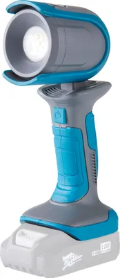 A cordless LED work light with a battery pack attached.