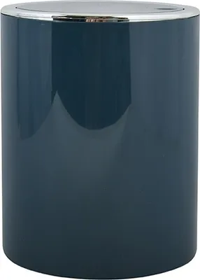 A dark blue trash can with a silver rim.