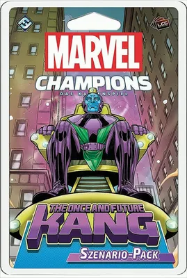 The image shows the packaging for a Marvel Champions card game scenario pack featuring Kang.