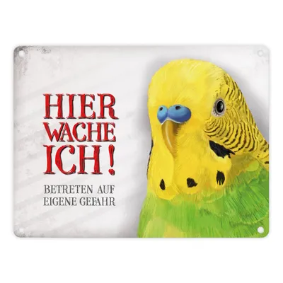 Produktbild von Metallschild mit Wellensittich Motiv und Spruch: Betreten auf eigene Gefahr ...