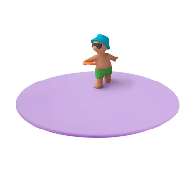 A small figurine of a person wearing a hat and sunglasses, holding a frisbee, standing on a purple disc.