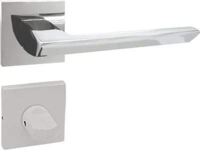 A chrome door handle set with a square rosette and a separate square base plate with a knob, presented against a white background.