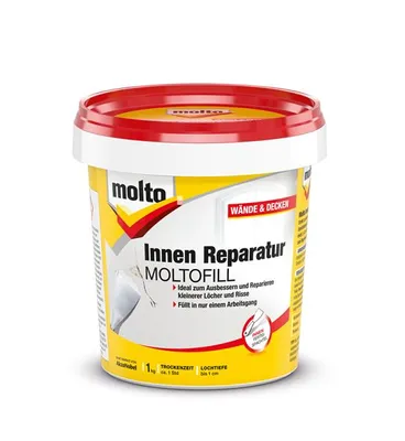 Produktbild von Molto Innen Reparatur Moltofill, Weiß, Fertig gemischt, 1 kg, Paste (Substanz), Spachtel, Beton, Putz, Gipskarton, Hartschaum, Stein