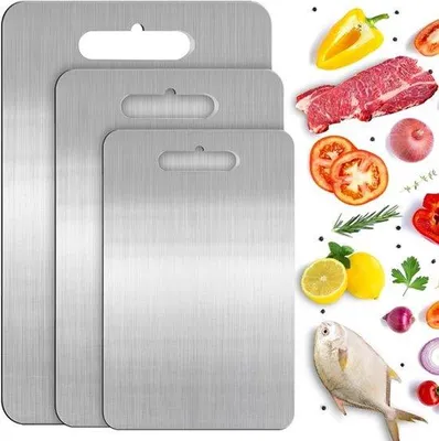 Produktbild von Set aus 3 Edelstahl-Schneidbrettern, doppelseitige Lebensmittel-Schneidbrett, BPA-frei, ideal für Fleisch, Brot, Gemüse und Obst