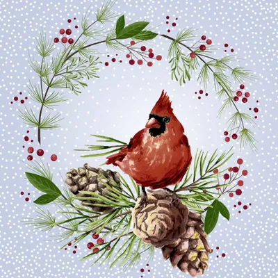 Produktbild von 20 kleine Cocktailservietten Winter Cardinal - Kardinal im Winterkranz 24x24cm