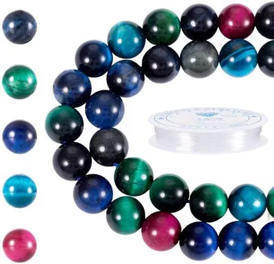 Image de Kit de perles œil de tigre - 8 mm, perles naturelles - 47 pièces - Fil élastique - Fabrication de bijoux DIY - Belles perles rondes brillantes - Kit de fabrication de bijoux