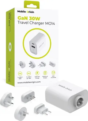 Immagine prodotto di Caricabatterie da viaggio MO14 di Mobile Origin GaN 30W, UE, USA, UK, AUS