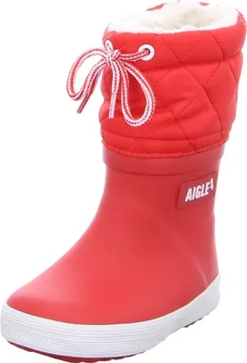 A single red boot with a white sole and a quilted red cuff lined with white faux fur.
