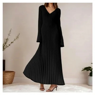 Produktbild von Strickkleid Damen Langarm Herbst- und Winterkleid Hüftkleid Curvy A-Linie Warm Pulloverkleid Elegant Freizeitkleid V-Ausschnitt Geripptes Maxi Wickelkleid