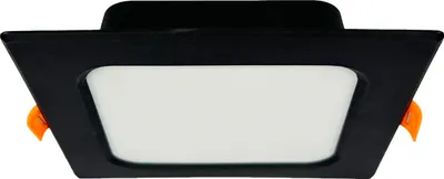 A square black LED downlight with a white diffuser and orange clips is shown against a white background.
