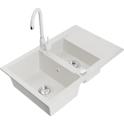 Obrázek produktu pro Mexen Gaspar 1,5-miskový granitový dřez s odkapávačem a kuchyňskou baterií Telma, Bílá - 6507-20-670200-20