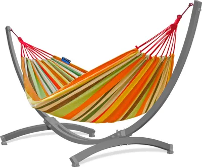 Produktbild von Potenza Outdoor Hängematte mit Tytan Gestell für 2 Personen I Baumwolle Doppelhängematte XXL 220x160, 200kg I Grau  Hängemattengestell 350 kg, wetterfest