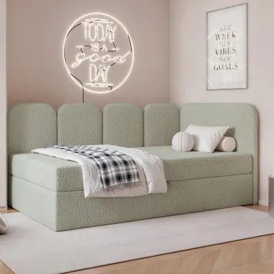 Produktbild von Jugendbett FINO 90x200 Rechts Bettkasten Bonellmatratze Graubeige Bouclé