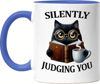 Produktbild von Silently Judging You Tasse Blau Lustige Katze Nerd Humor Buch Leser Geschenkidee