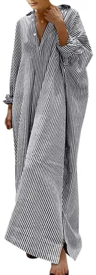 Produktbild von Sommerkleid Damen, lässiges Maxikleid mit Streifen, aus Baumwolle und Leinen