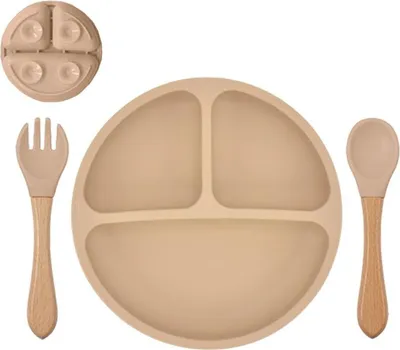 Produktbild von Babyteller Kinderteller mit Saugnapf Teller mit Löffel Gabel Silikon BPA Frei, Farbe:Braun