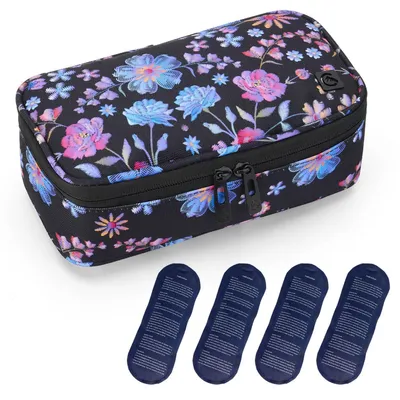 Produktbild von Kühltasche für Insulin & Medikamente mit 4 Eisbeuteln, Blumenmuster, 23x12x8cm