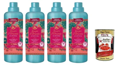 Produktbild von Tesori d’Oriente AMMORBIDENTE AYURVEDA Olio di Amla e Patchouli, Konzentrierter Weichspüler Amlaöl und Patchouli, 38 Wäschen, 4x 760ml + Italian Gourmet polpa 400g