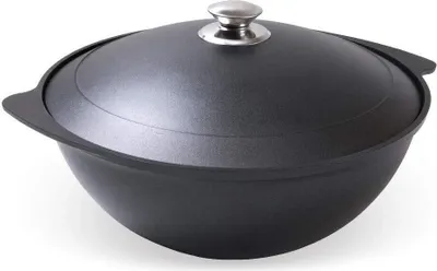A black Kazan pot with a silver lid and handle, presented on a white background.