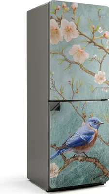 Zdjęcie produktu dla Ptak na gałęzi z kwiatami - magnetyczna osłona na lodówkę - magnetyczna osłona na lodówkę - magnes na lodówkę - samoprzylepna tablica magnetyczna - folia magnetyczna na drzwi lodówki - 70x190 cm