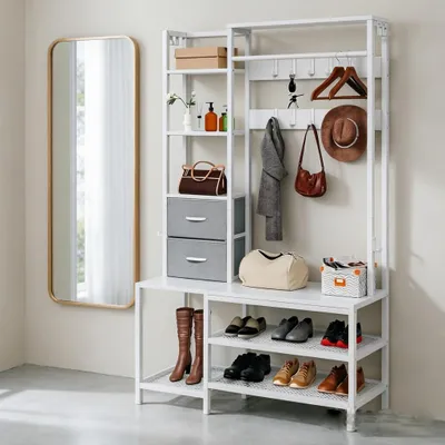 Produktbild von Kleiderständer Garderobenständer Schuhregal mit 9 Haken 2 Schubladen, Flurgarderobe, Sitzbank, 120x40x180 cm, Weiß