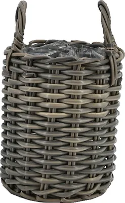 Produktbild von Pflanzkorb Blumentopf Korb mit Henkel Übertopf, Rattan, rund, grau 35 cm