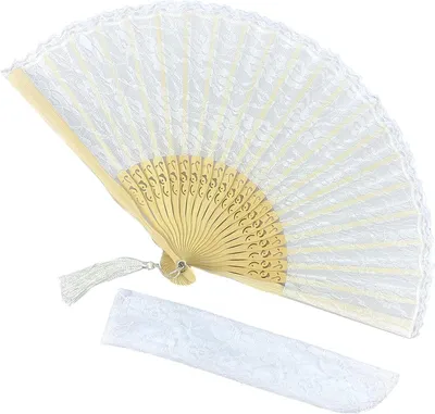 Productafbeelding van Witte Kant Bamboe Trouw Waaiers Handgemaakt met Hoes Bruidsaccessoire 21 cm