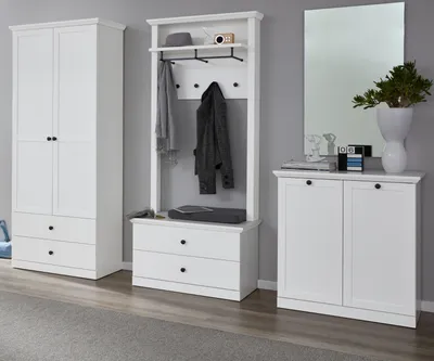 Produktbild von Garderobe Set 4-teilig in weiß Landhaus Garderobenset mit großem Schuh- / Garderobenschrank 273 x 196 cm - Flurmöbel Baxter