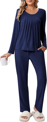 Productafbeelding van Dames pyjamaset met lange mouwen en lange broek, winters huispak met geplooide voorzijde, S-XXL