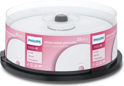 Produktbild von Philips DVD-Rohlinge, 120Min, 4.7GB, bedruckbare Oberfläche, Speed 16x, Spindel (25 Disc)