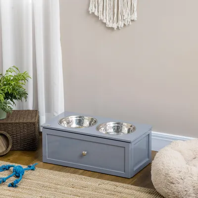 Produktbild von Futterstation 2 Näpfe Edelstahl, Hundenapf erhöht mit Schublade, Hundenapfständer, Grau  |  für Hunde 40–50 cm Schulterhöhe  |  2 x 2 L  |  60 x 30 x 24 cm
