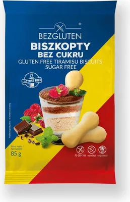 A package of gluten-free tiramisu biscuits with an image of the dessert and biscuits.