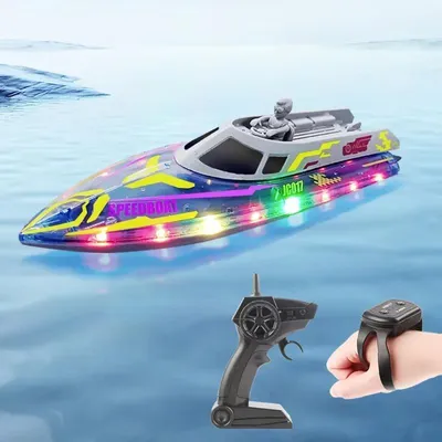 Produktbild von RC Rennboot 2,4GHz - Ferngesteuertes Speedboot - 15-20 km/h Hochgeschwindigkeit - Wasserdicht - LED Licht - Dual Control Fernbedienung - Grau