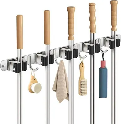 Immagine prodotto di Supporto da parete in acciaio inossidabile con 5 supporti e 4 ganci per scope e mop
