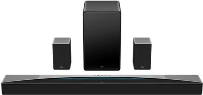 A soundbar system with a subwoofer and two satellite speakers, displayed against a white background.