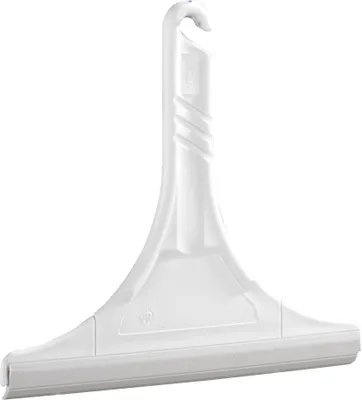 A white bathroom squeegee with a hook for hanging.