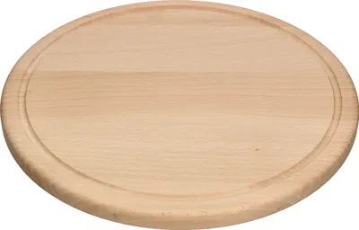 A round wooden cutting board with a groove around the edge, shown on a white background.