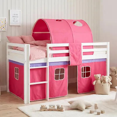 Produktbild von Homestyle4u Hochbett 90x200 Kinder mit Lattenrost mit Matratze  Standard 100 Tunnel Rosa Pink Mädchen Kinderbett Weiß mit Rausfallschutz