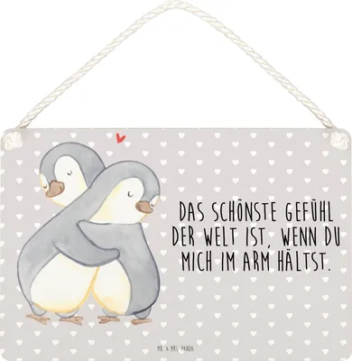 Produktbild von Mr. & Mrs. Panda Schild Pinguine Kuscheln DIN A5 - Grau Pastell - Geschenk, Liebesgeschenk, Valentinstag, Hochzeitstag, Mitbringsel, Freundin, für Frauen, holzbild
