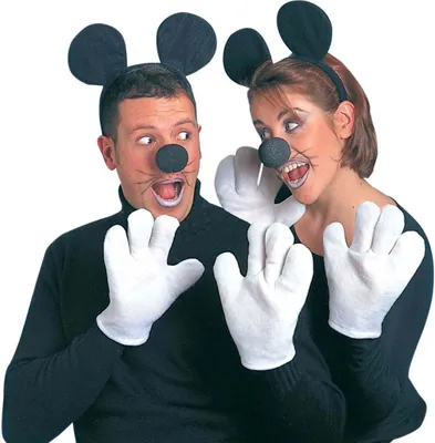 Two people dressed as mice, wearing mouse ears, noses, and large white gloves.